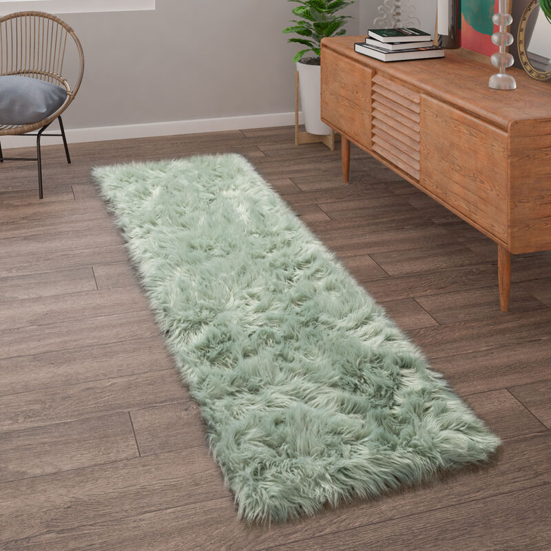 Paco Home - Tapis De Salon Fausse Fourrure Imitation Shaggy Coussins De Sol Forme Cœur Rond 50x150 cm, Vert Menthe