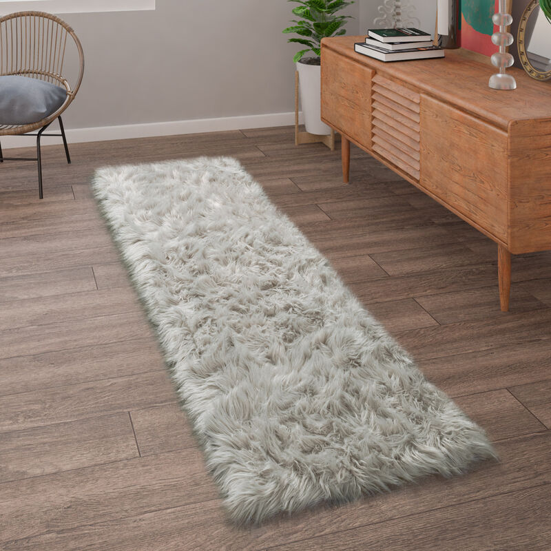 Tapis De Salon Fausse Fourrure Imitation Shaggy Coussins De Sol Forme Cœur Rond 80x150 cm, Gris - Paco Home