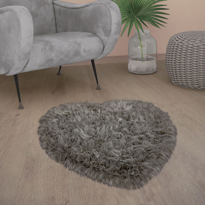 Paco Home - Tapis De Salon Fausse Fourrure Imitation Shaggy Coussins De Sol Forme Cœur Rond Anthracite, 80x75 cm Forme de coeur