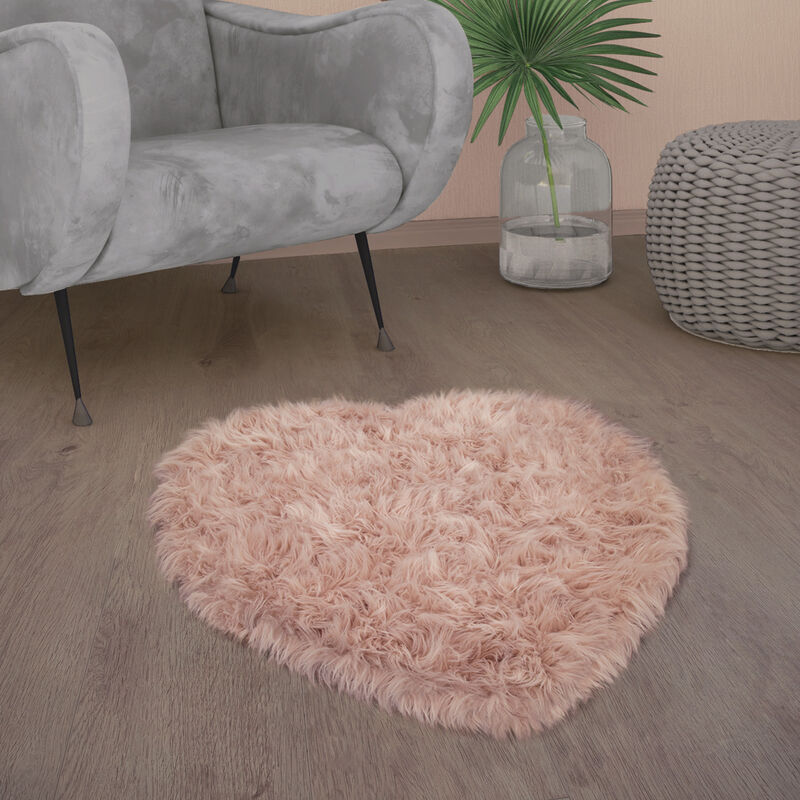 Paco Home - Tapis De Salon Fausse Fourrure Imitation Shaggy Coussins De Sol Forme Cœur Rond Rose, 80x75 cm Forme de coeur