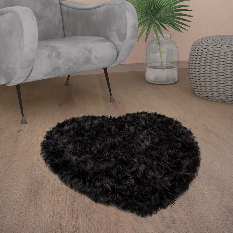 Paco Home - Tapis De Salon Fausse Fourrure Imitation Shaggy Coussins De Sol Forme Cœur Rond Noir, 80x75 cm Forme de coeur