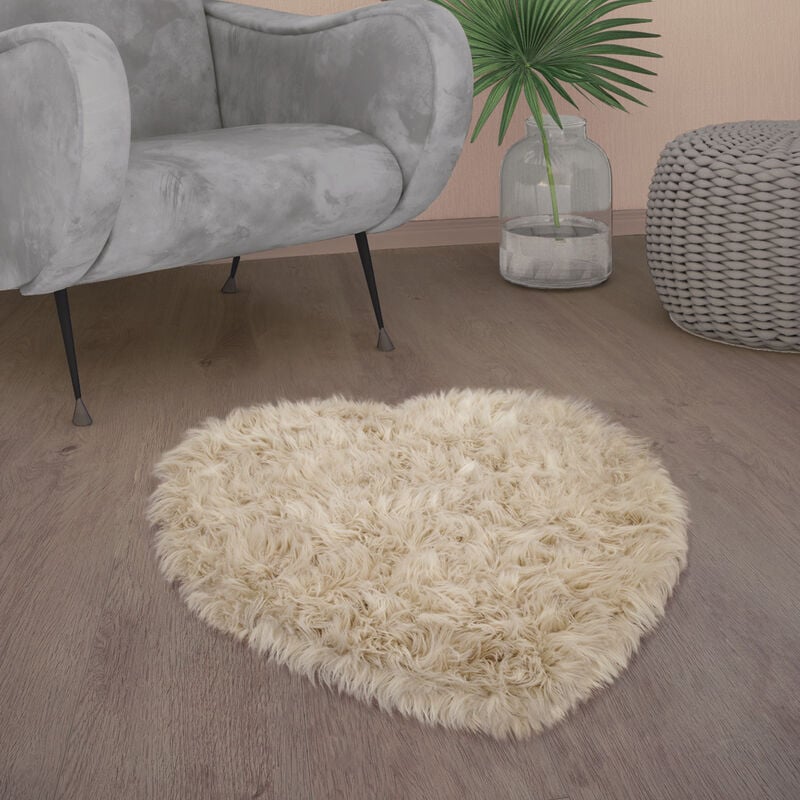 Paco Home - Tapis De Salon Fausse Fourrure Imitation Shaggy Coussins De Sol Forme Cœur Rond Crème, 80x75 cm Forme de coeur