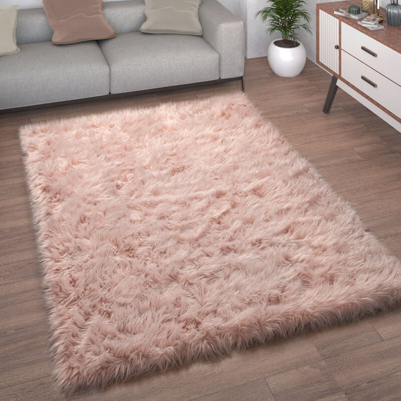 Tapis De Salon Fausse Fourrure Imitation Shaggy Coussins De Sol Forme Cœur Rond 120x170 cm, Rose - Paco Home