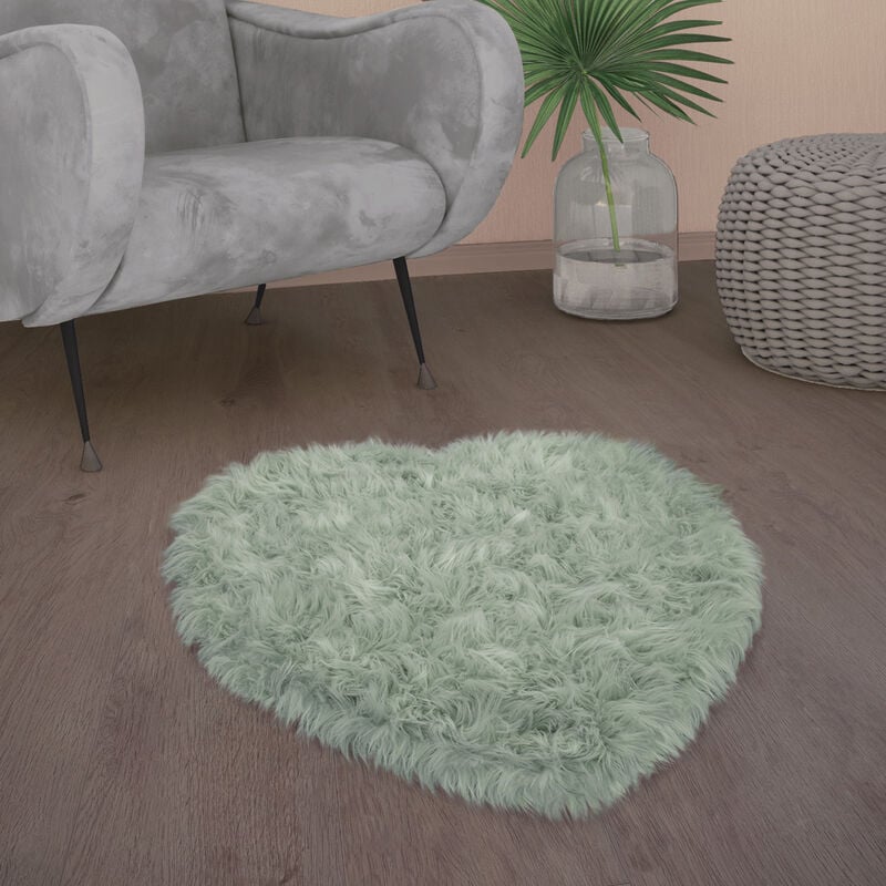 Paco Home - Tapis De Salon Fausse Fourrure Imitation Shaggy Coussins De Sol Forme Cœur Rond 80x75 cm Forme de coeur, Vert Menthe