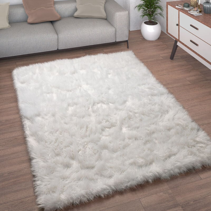 Tapis De Salon Fausse Fourrure Imitation Shaggy Coussins De Sol Forme Cœur Rond 120x170 cm, Blanc - Paco Home