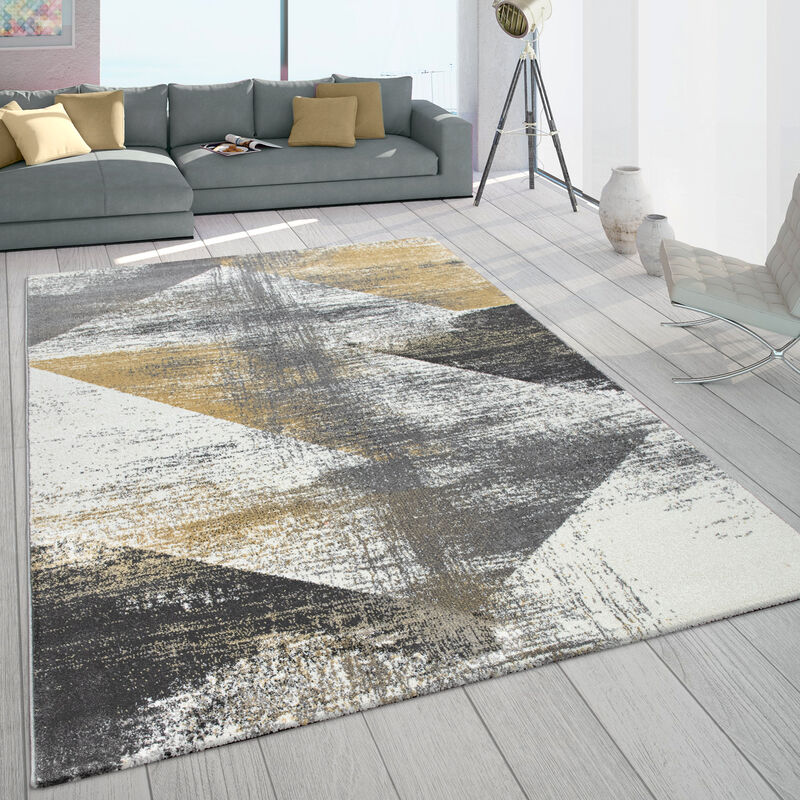 Paco Home - Tapis Frisé, Poils Ras Pour Salon Look Usé Tons Pastel Jaune Gris 80x150 cm
