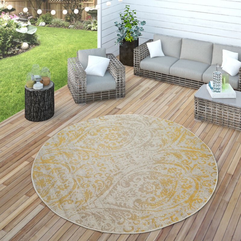 Paco Home - Tapis Intérieur Et Extérieur Orient Motif Jaune Crème 200 cm rond