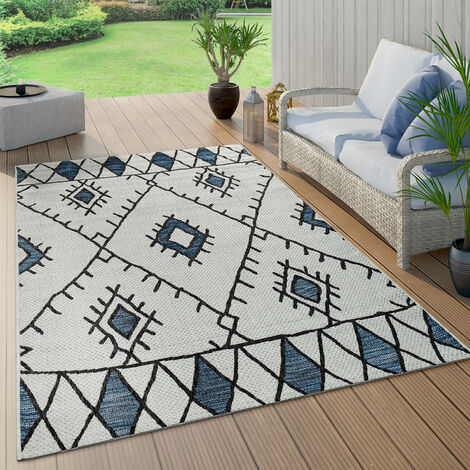 Paco Home – Tapis intérieur et extérieur tissé à plat géométrique abstrait – Design losanges ethnique bleu – 200x280 cm – Antidérapant et facile à entretenir