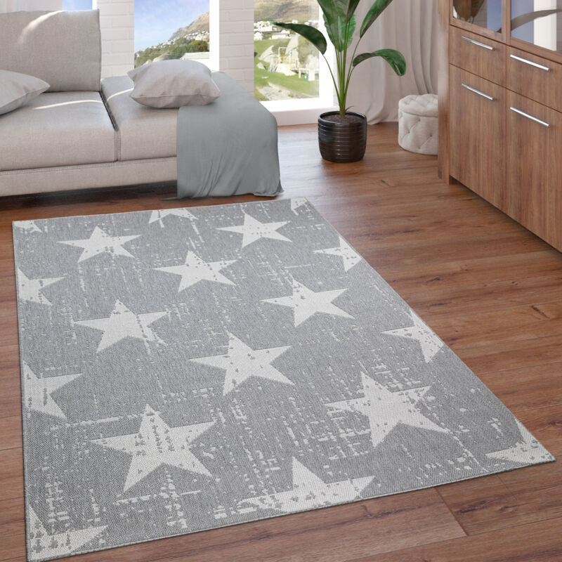 Paco Home - Tapis Intérieur Extérieur Balcon Cuisine Vintage Étoiles Motif Gris Blanc Cassé 240x340 cm