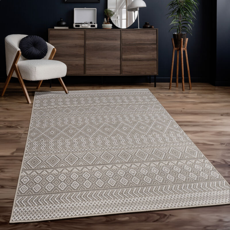 Paco Home - Tapis Intérieur & Extérieur Balcon Terrasse Cuisine Motif Ethnique Boho Moderne 160 cm rond, Beige 3