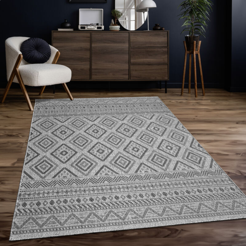 Paco Home - Tapis Intérieur & Extérieur Balcon Terrasse Cuisine Motif Ethnique Boho Moderne Anthracite, 240x340 cm