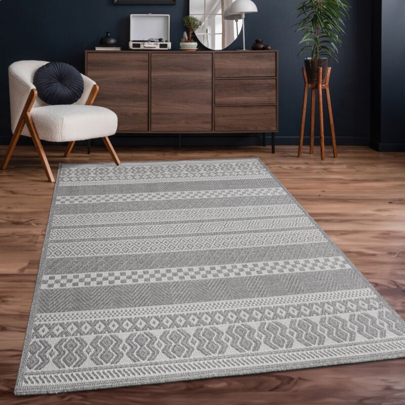 Paco Home - Tapis Intérieur & Extérieur Balcon Terrasse Cuisine Motif Ethnique Boho Moderne 160 cm rond, Gris 4