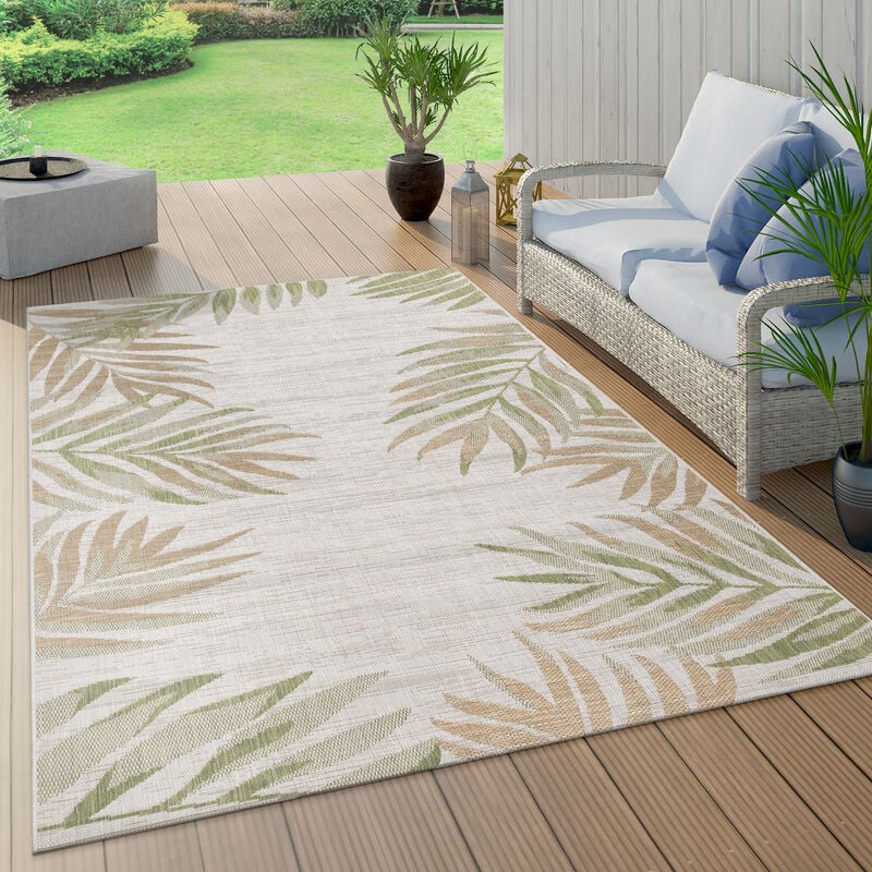 Paco Home - Tapis Intérieur & Extérieur Beige Vert Balcon Terrasse Palmier Motif Feuilles Résistant 120x160 cm