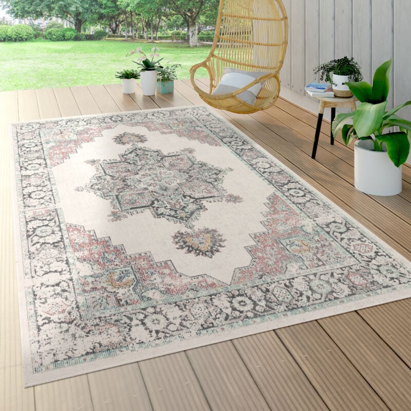 Paco Home - Tapis Intérieur & Extérieur, Poils Ras Pour Balcon Terrasse, Motif Oriental Beige 160 cm rond