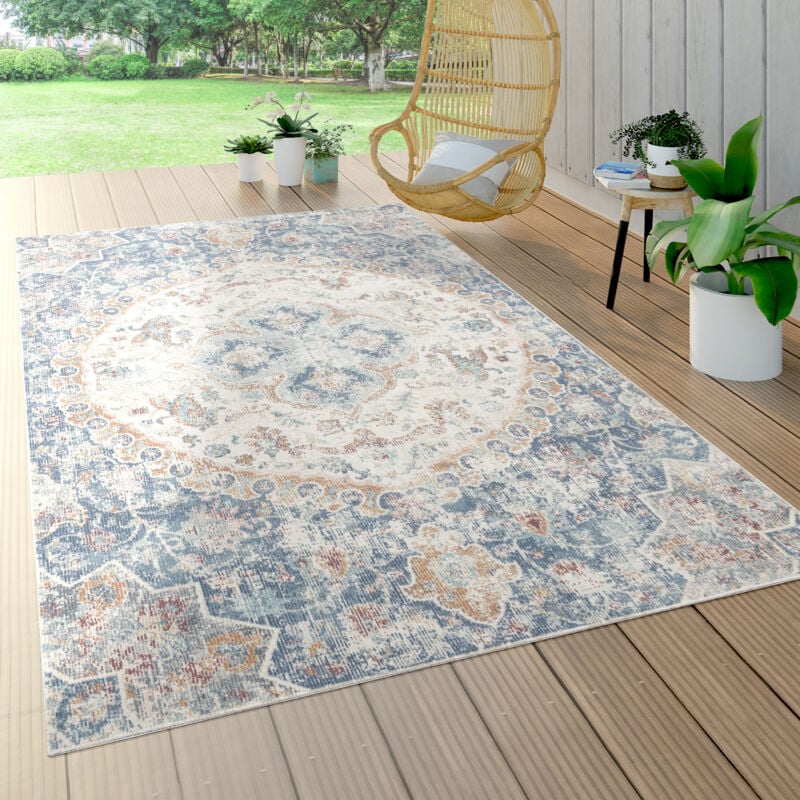 Paco Home - Tapis Intérieur & Extérieur, Poils Ras Pour Balcon Terrasse, Motif Oriental Bleu 160 cm rond