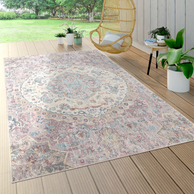 Paco Home - Tapis Intérieur & Extérieur, Poils Ras Pour Balcon Terrasse, Motif Oriental Rose 80x150 cm