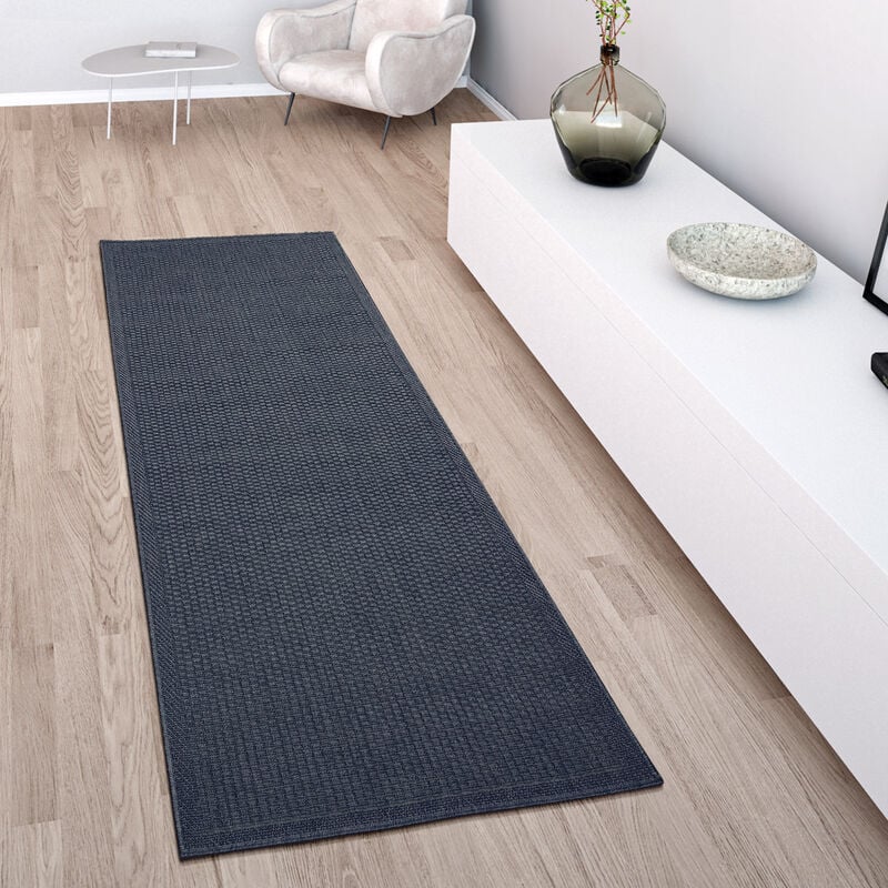 Paco Home - Tapis Intérieur & Extérieur Terrasse Et Balcon Monochrome Structuré 80x200 cm, Bleu Marine