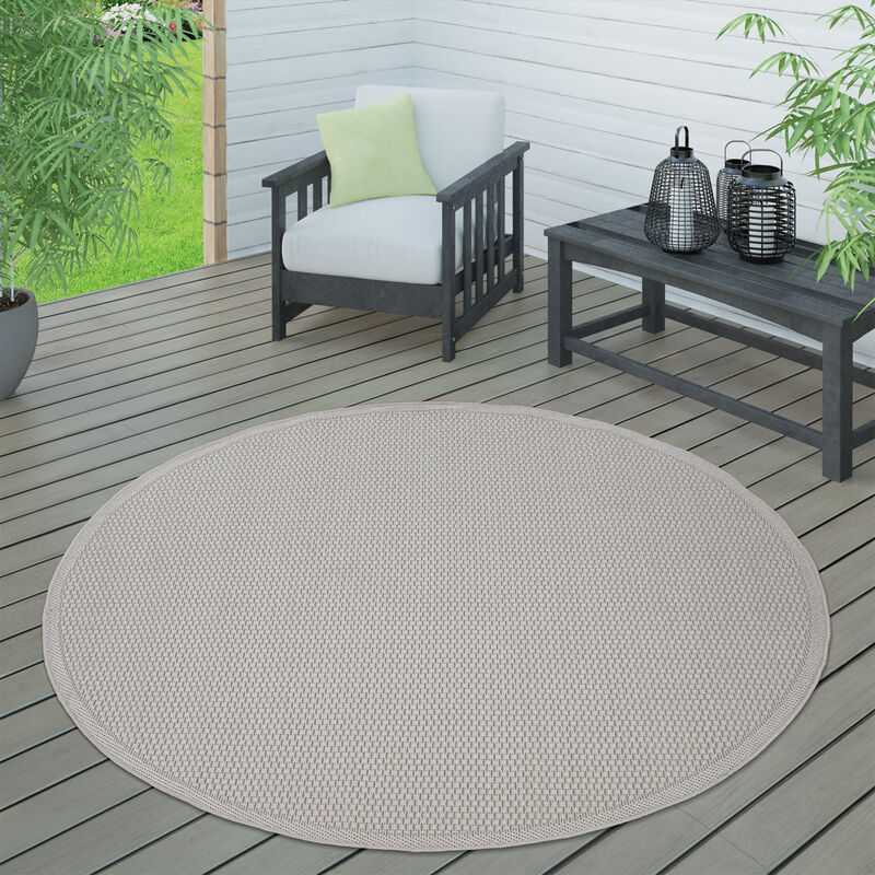 Paco Home Tapis Intérieur & Extérieur Terrasse Et Balcon Monochrome Structuré 200 cm rond, Ivoire