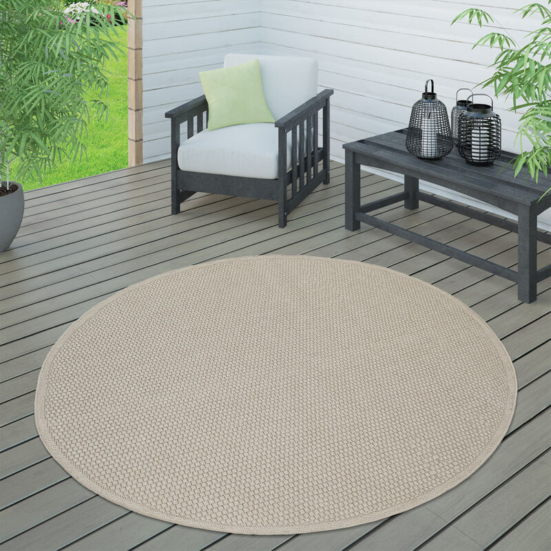 Paco Home - Tapis Intérieur & Extérieur Terrasse Et Balcon Monochrome Structuré Beige, 200 cm rond