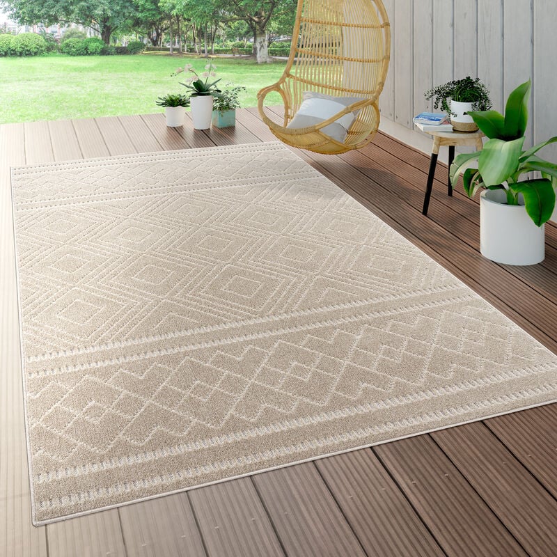 Paco Home - Tapis Intérieur & Extérieur Terrasse Et Balcon Résistant Aux Intempéries Moderne Motif Géométrique 160 cm rond, Beige 4