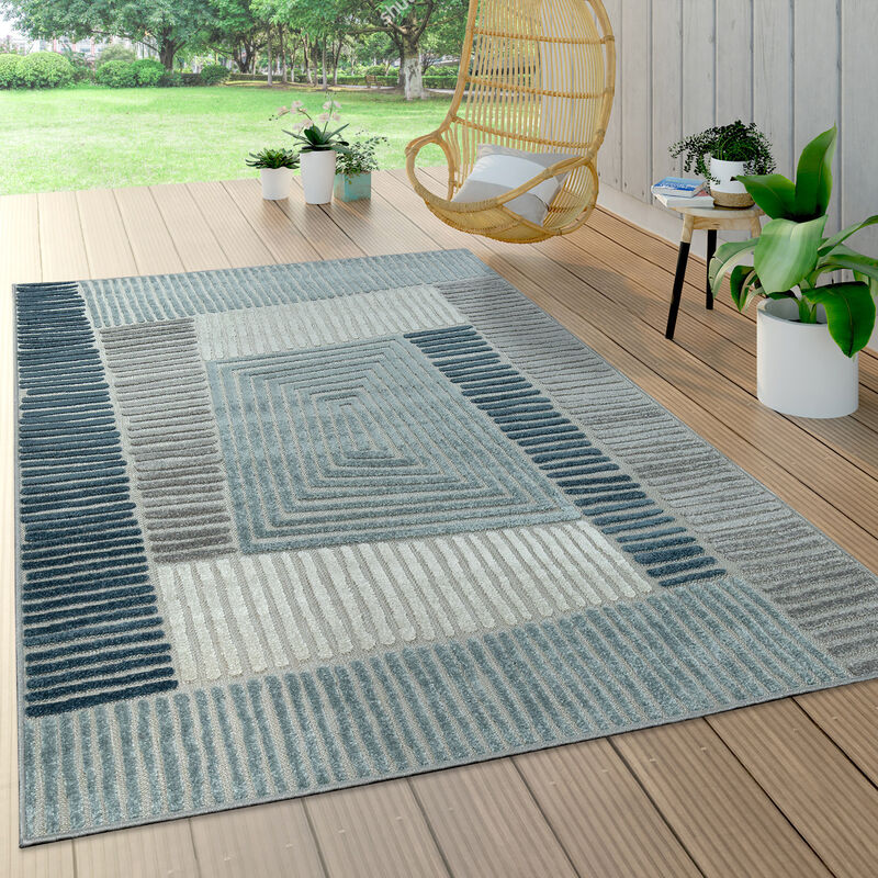 Paco Home - Tapis Intérieur & Extérieur Terrasse Et Balcon Résistant Aux Intempéries Moderne Motif Géométrique Bleu, 160 cm rond