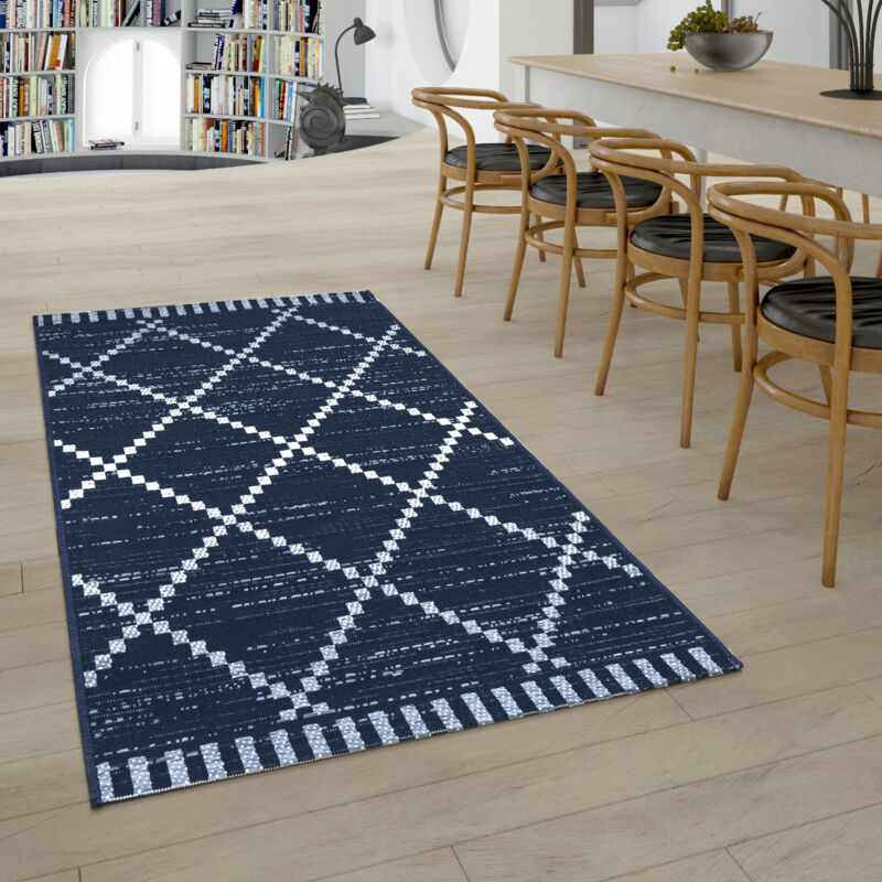 Paco Home - Tapis Intérieur & Extérieur Tissage à Plat Ethnique Géométrique Design scandinave En Bleu Blanc 200x290 cm