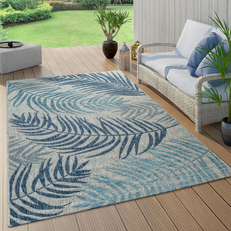 Paco Home - Tapis Intérieur & Extérieur Tissage à Plat Moderne Design Jungle Palmiers En Pastel Bleu 80x150 cm
