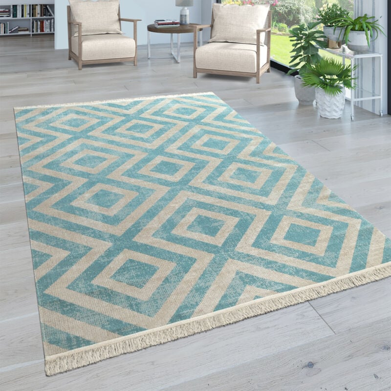 Paco Home Tapis Intérieur & Extérieur Tissé À Plat Motif Losanges Moderne Pour Terrasse Et Balcon 200x280 cm, Bleu-Blanc