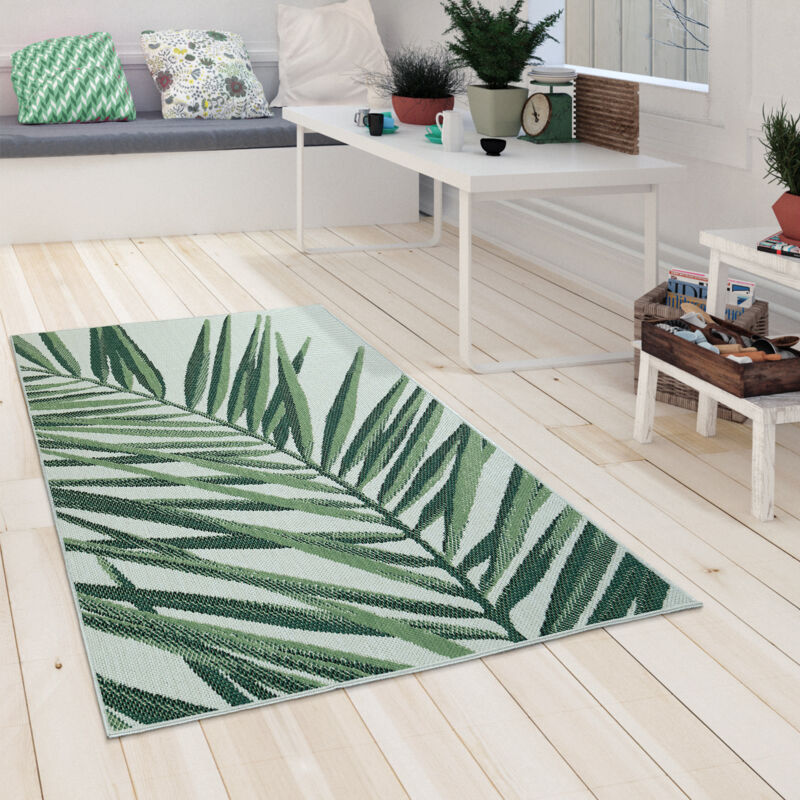 Paco Home - Tapis Intérieur Extérieur Vert Beige Motif Palmier Terrasse Balcon Tissage Plat 80x150 cm