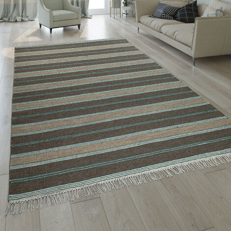 Paco Home Tapis Kilim Tissé Main Motif Rayé Haut De Gamme Franges Beige 240x340 cm