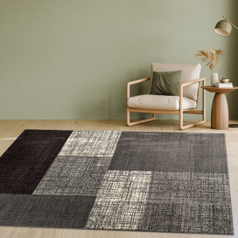Tapis Moderne à Carreaux Poils Courts Moucheté Gris Crème Brun 200x290 cm - Paco Home