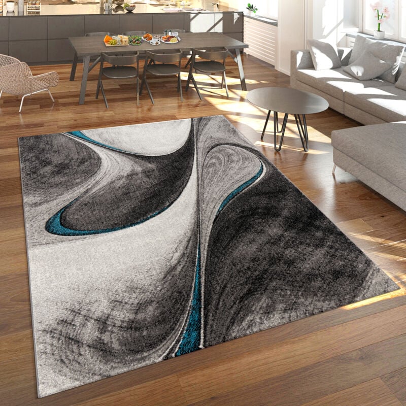 Paco Home - Tapis Moderne Poils Ras Salon Chiné Design Abstrait Gris Bleu Noir 80x150 cm