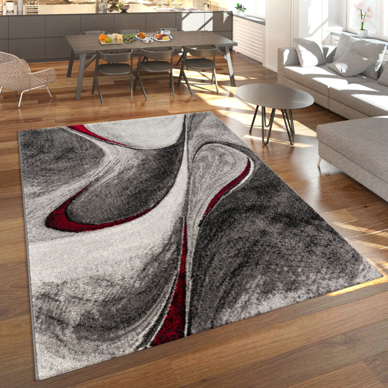 Tapis Moderne Poils Ras Salon Chiné Design Abstrait Gris Rouge Noir 80x150 cm - Paco Home
