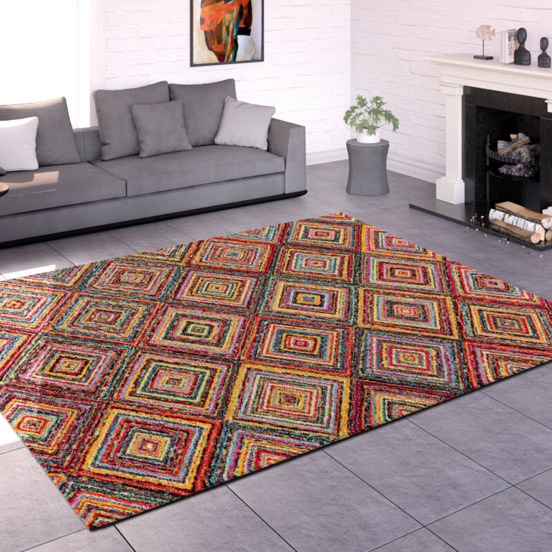 Tapis Salon Chambre Adulte Poils Ras Motif Ethnique Motif Geometrique Losange 200x290 cm, Multicolore 2 - Paco Home