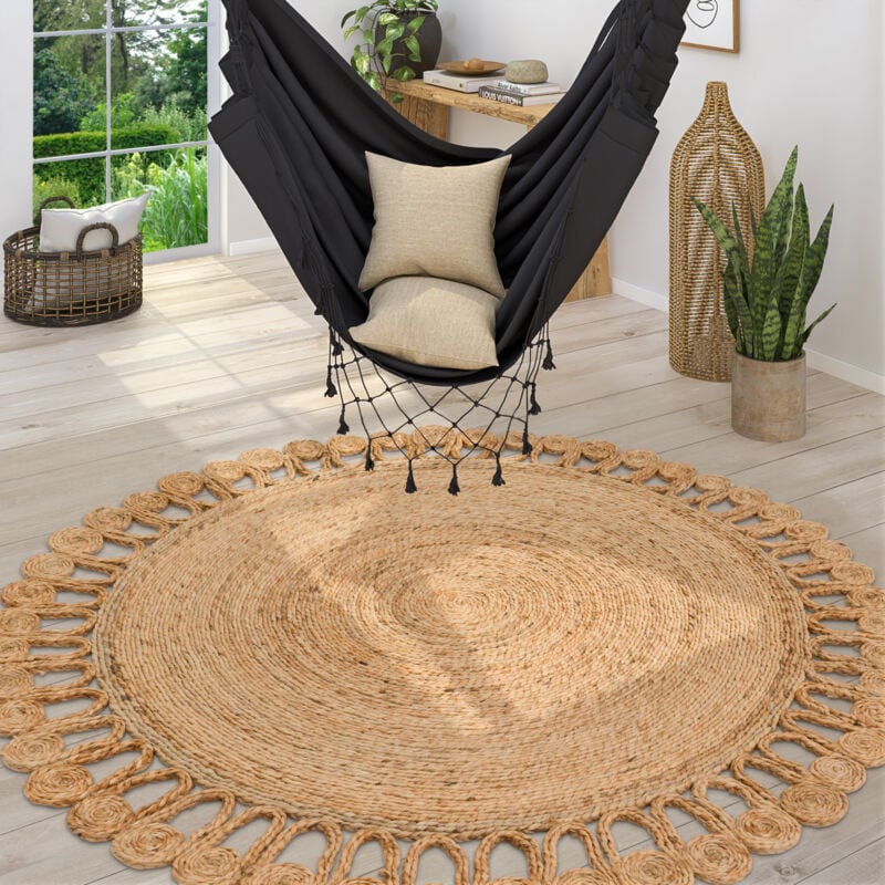 Tapis Naturel Jute Motif Boho Moderne Motif Ethnique Uni Tissé a La Main Beige 120 cm rond - Paco Home