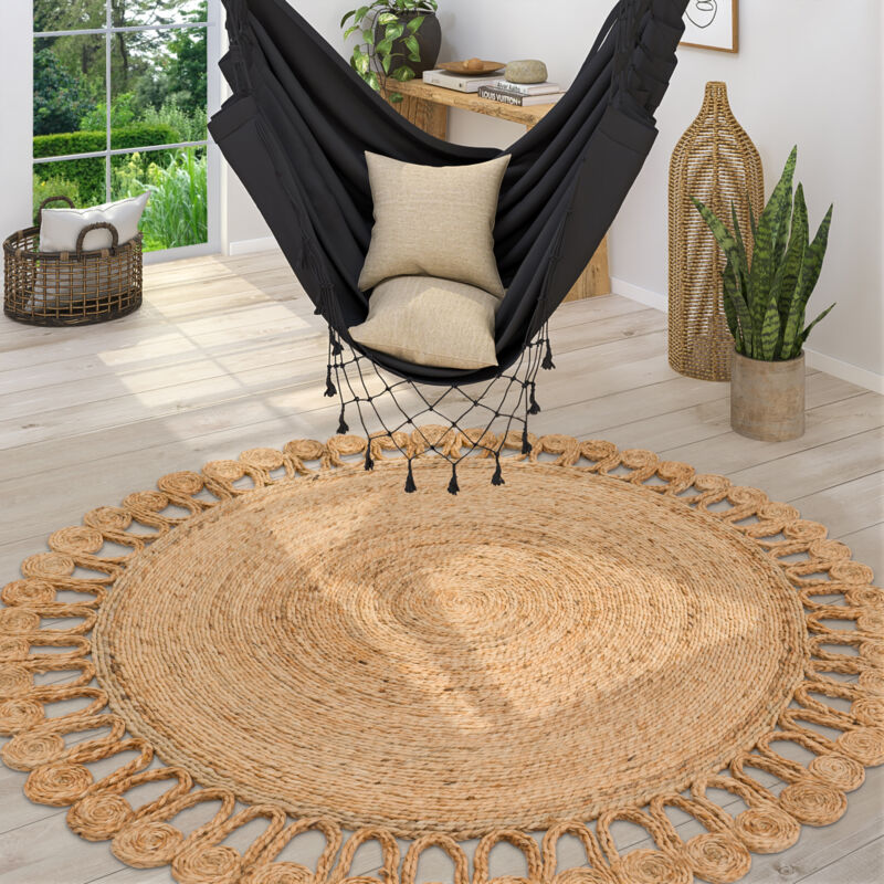 Tapis Naturel Jute Motif Boho Moderne Motif Ethnique Uni Tissé a La Main Beige 200 cm rond - Paco Home