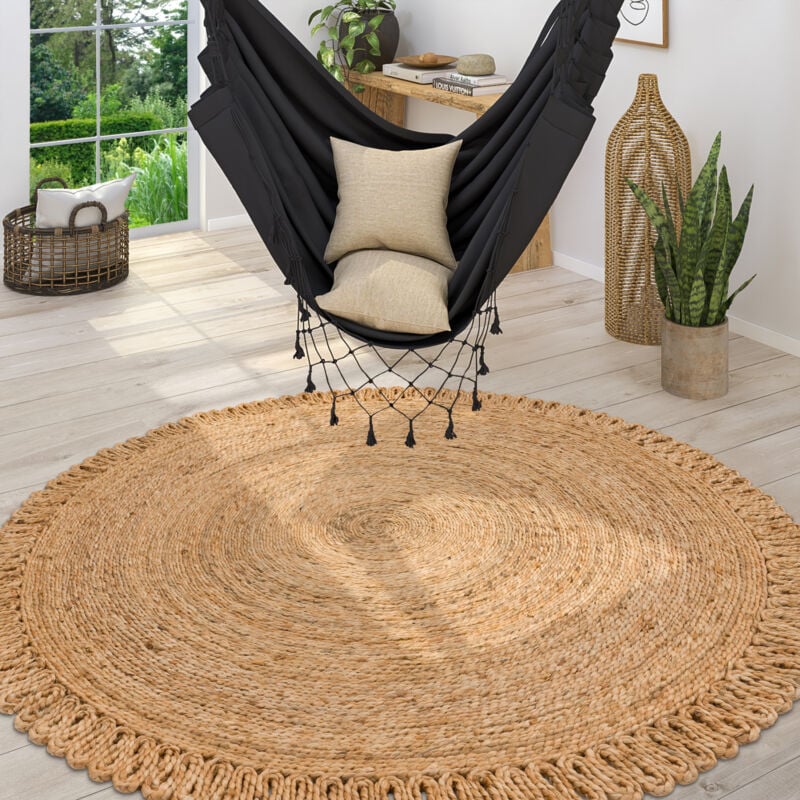 Paco Home - Tapis Naturel Jute rond Motif Boho Tissé a La Main Moderne Beige 80 cm rond
