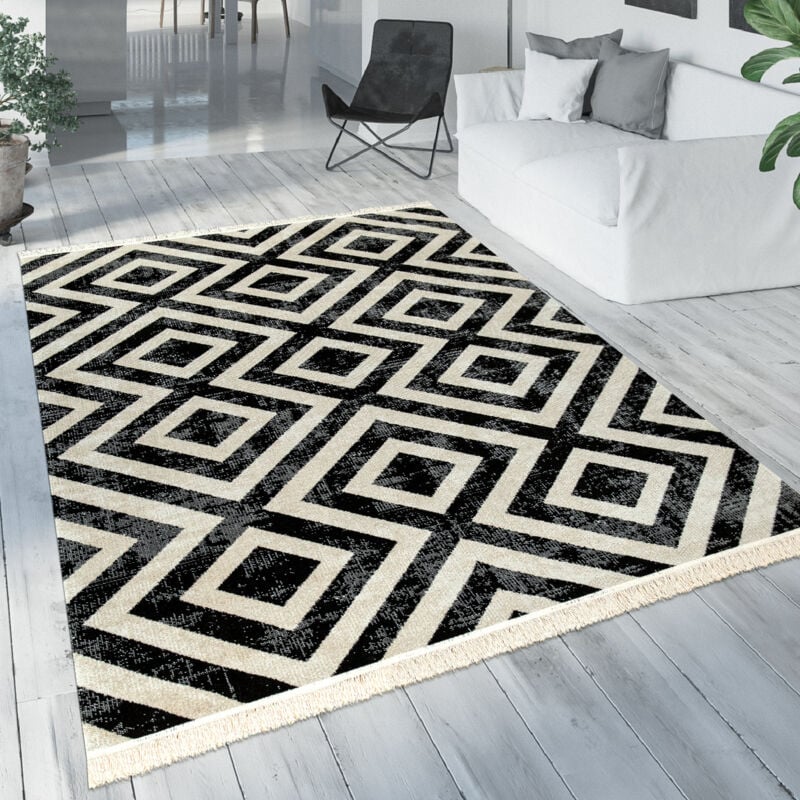 Paco Home - Tapis Noir Blanc Balcon Terrasse Extérieur Style Scandinave Motif Losanges Robuste 160 cm rond