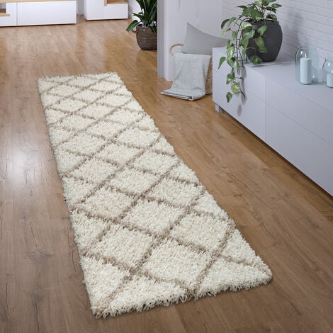 Paco Home Tapis Poil Long Tapis Couloir Chambre Shaggy Moderne Motif Diamant Scandinave 60x100 cm, Crème-Beige