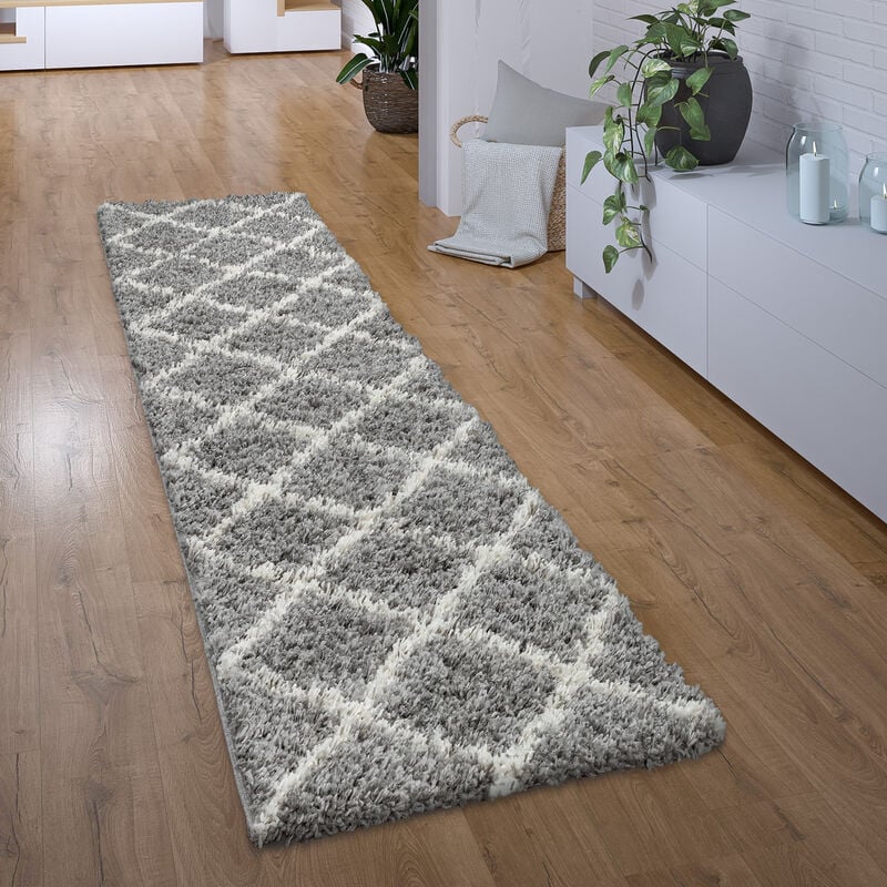 Paco Home - Tapis Poil Long Tapis Couloir Chambre Shaggy Moderne Motif Diamant Scandinave Gris, 100x200 cm