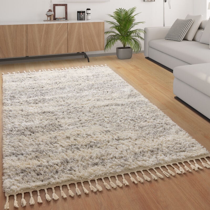 Paco Home - Tapis Poil Long Tapis De Salon Shaggy Aspect Flokati à Franges Chiné Gris, 160 cm rond