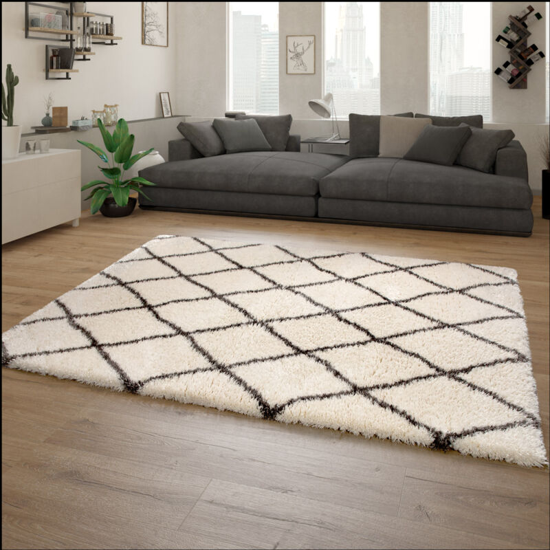 Tapis Poils Hauts Moelleux Moderne Shaggy Style Flokati Motif Losange Crème 120x160 cm - Paco Home