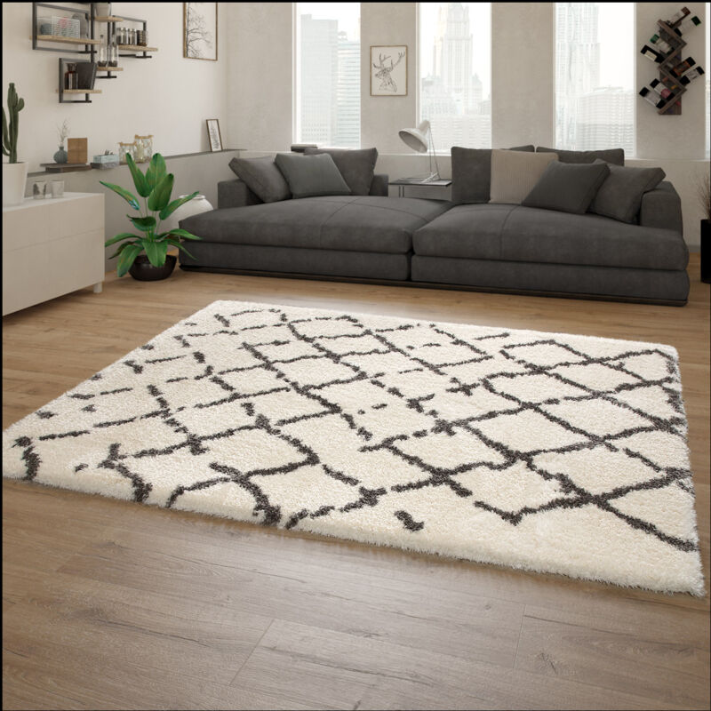 Tapis Poils Longs Moelleux Moderne Shaggy Style Flokati Motif Losange Blanc Gris 160x230 cm - Paco Home