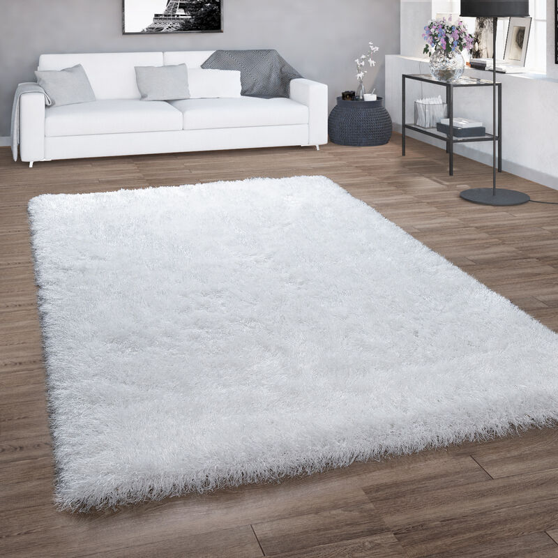 Tapis Poils Longs Pour Salon, Shaggy Avec Fil Brillant, Uni Blanc 120x160 cm - Paco Home