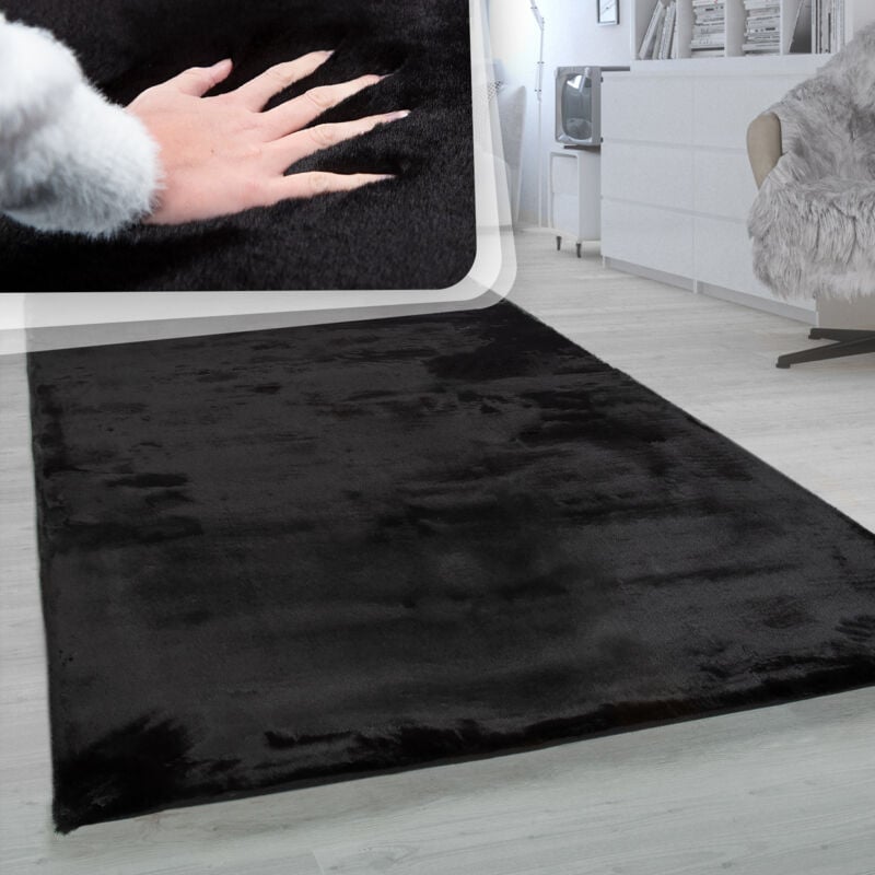Tapis Poils Longs Salon Fausse Fourrure Imitation Fourrure De Lapin Très Douce Noir 180x200 cm ovale - Paco Home