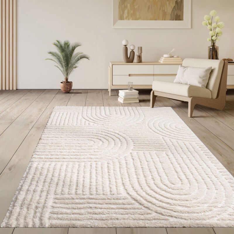 Tapis Salon Chambre Poil Long Shaggy Scandinave Boho Motif Geometrique Losange 200x280 cm, Blanc - Paco Home