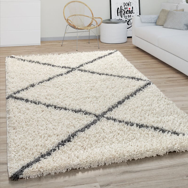 Tapis Poils Longs Salon Shaggy Motif Losanges Scandinave, Moderne Crème 120x170 cm - Paco Home