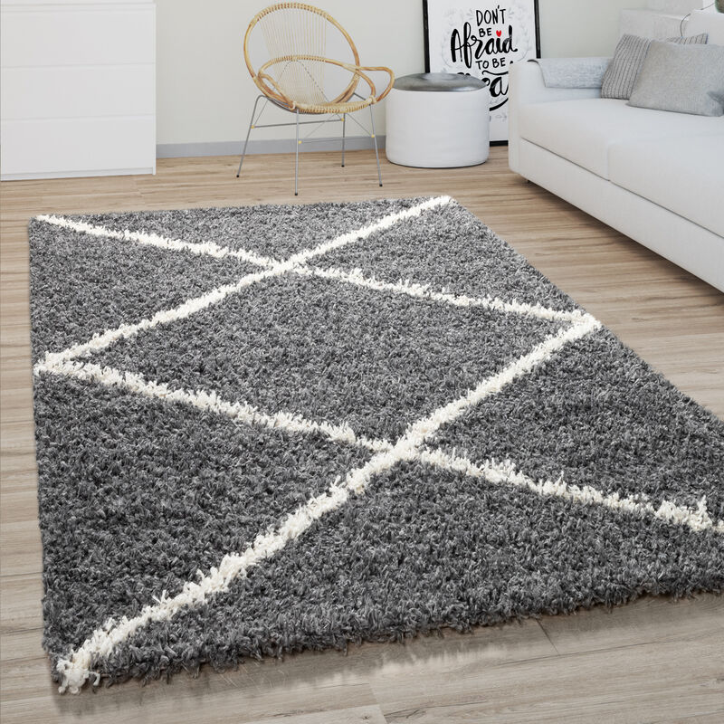 Tapis Poils Longs Salon Shaggy Motif Losanges Scandinave, Moderne Gris Foncé 120x170 cm - Paco Home