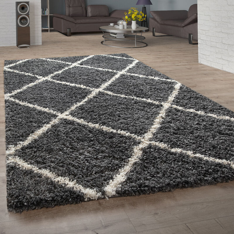 Tapis Poils Longs, Shaggy Pour Salon, Design Scandinave Et Losanges Gris Foncé 240x340 cm - Paco Home