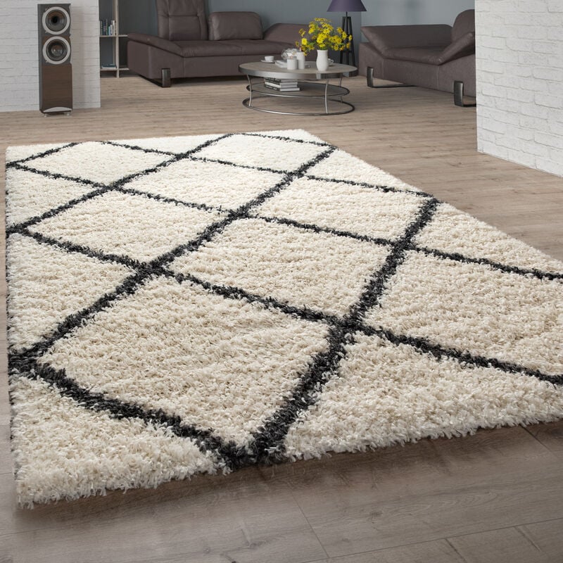 Tapis Poils Longs, Shaggy Pour Salon, Design Scandinave Et Motif Losanges Beige 150 cm carré - Paco Home